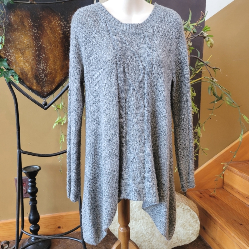 Mystree Asym Sweater Gray Cable Knit Asymmetrical Knit Tunic Mini Dress Leggings